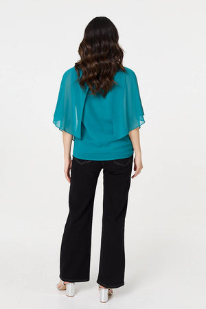 Teal | Semi Sheer Cut Out 3/4 Sleeve Blouse
