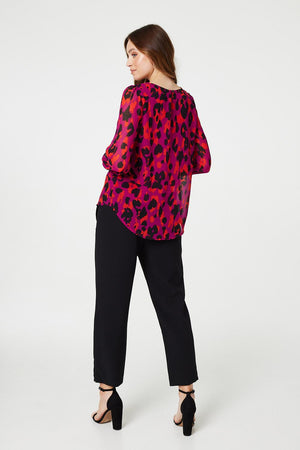 Pink | Animal Print Long Sleeve Ruched Blouse