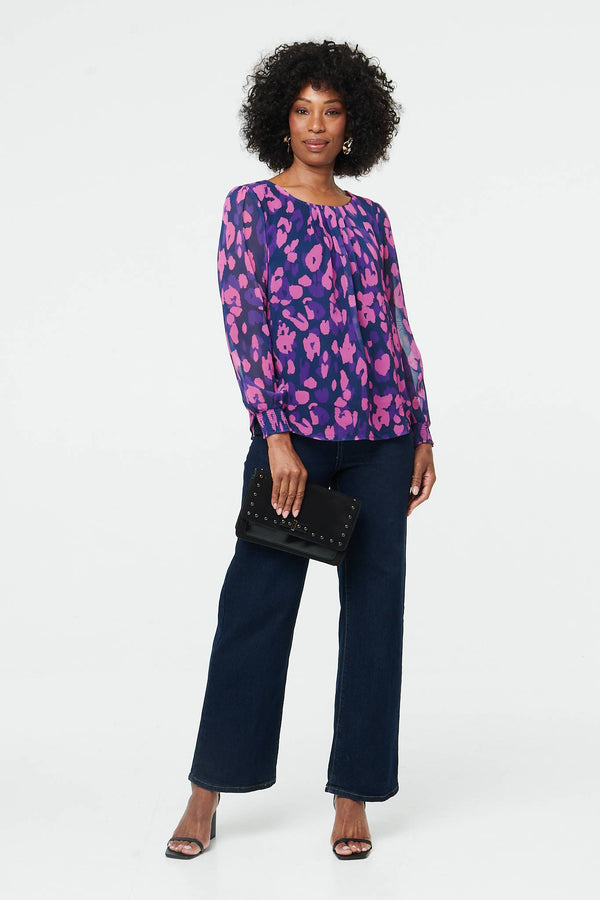 Purple | Animal Print Long Sleeve Ruched Blouse
