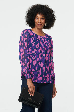 Purple | Animal Print Long Sleeve Ruched Blouse