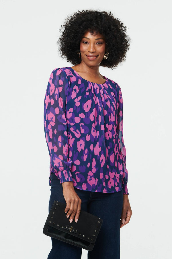 Purple | Animal Print Long Sleeve Ruched Blouse