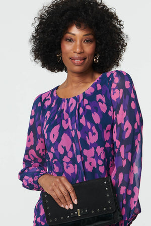 Purple | Animal Print Long Sleeve Ruched Blouse