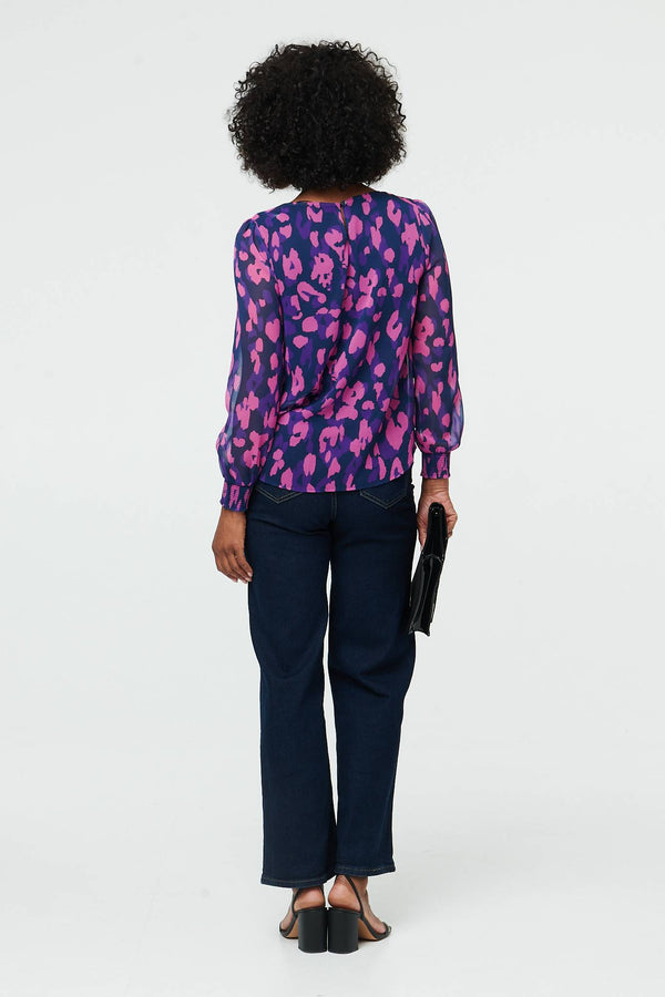Purple | Animal Print Long Sleeve Ruched Blouse