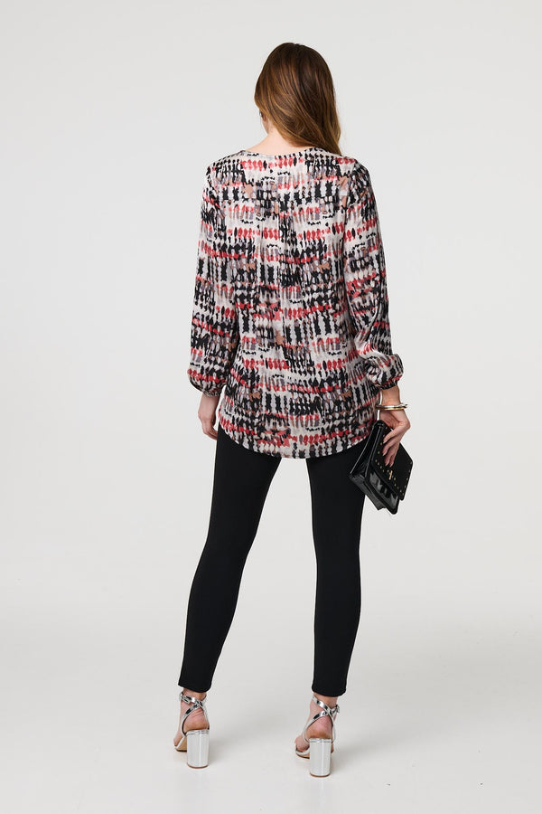 Coral | Printed Long Sleeve V-Neck Tunic Blouse

