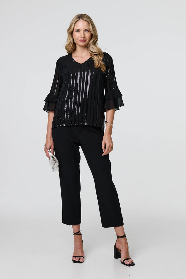Black | Sequin Stripe Ruffled 3/4 Sleeve Blouse
