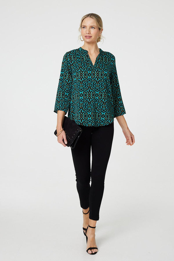 Green | Aztec Print 3/4 Sleeve Curve Hem Blouse