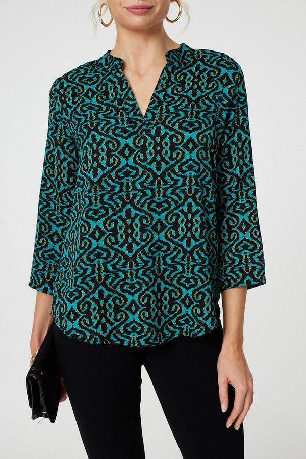 Green | Aztec Print 3/4 Sleeve Curve Hem Blouse