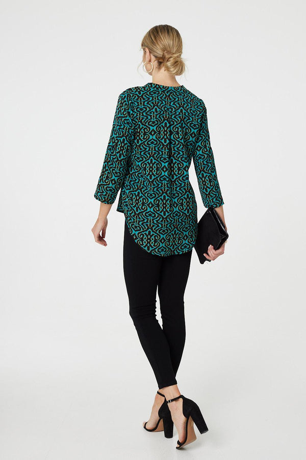Green | Aztec Print 3/4 Sleeve Curve Hem Blouse