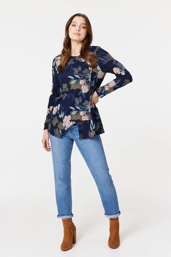 Navy | Floral Print Asymmetric Button Top