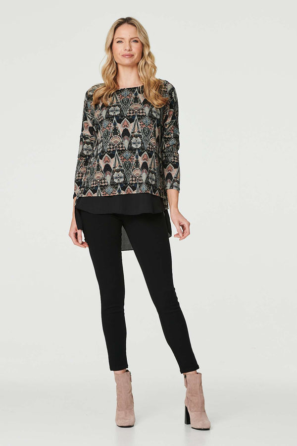 Black | Printed Layered Hem Jumper