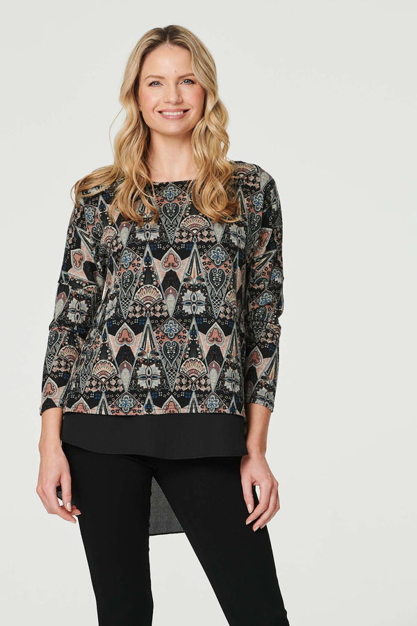 Black | Printed Layered Hem Jumper