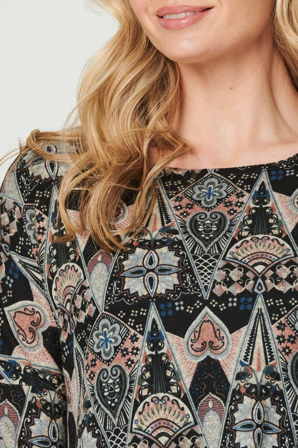 Black | Printed Layered Hem Jumper