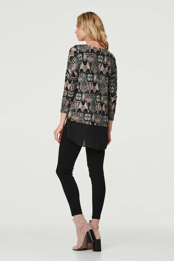 Black | Printed Layered Hem Jumper