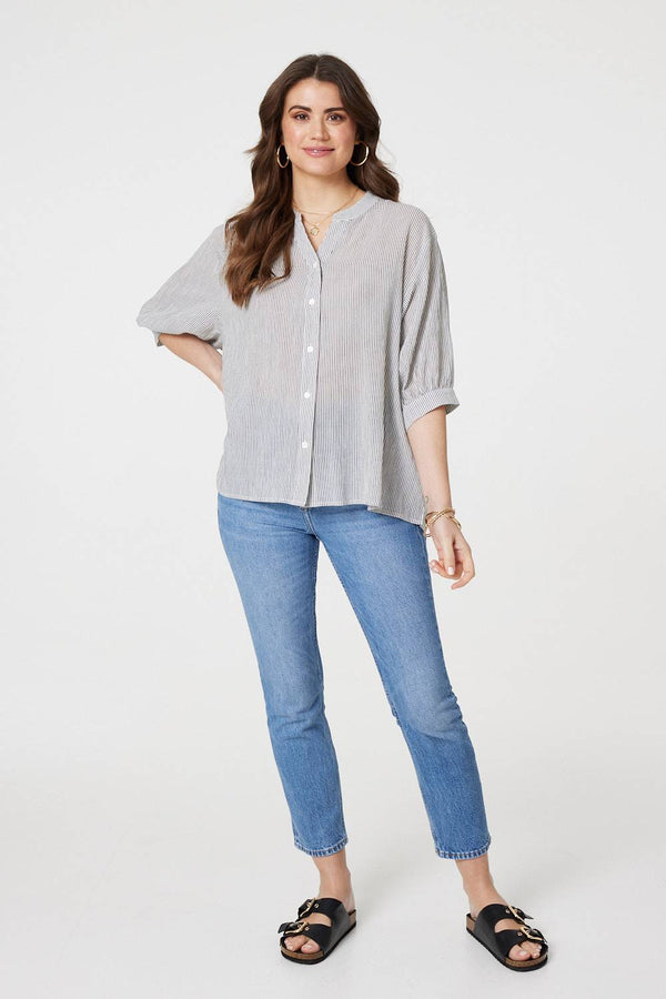 White | Pinstripe Relaxed Button Back Blouse : Model is 5'9"/175 cm and wears UK10/EU38/US6/AUS10