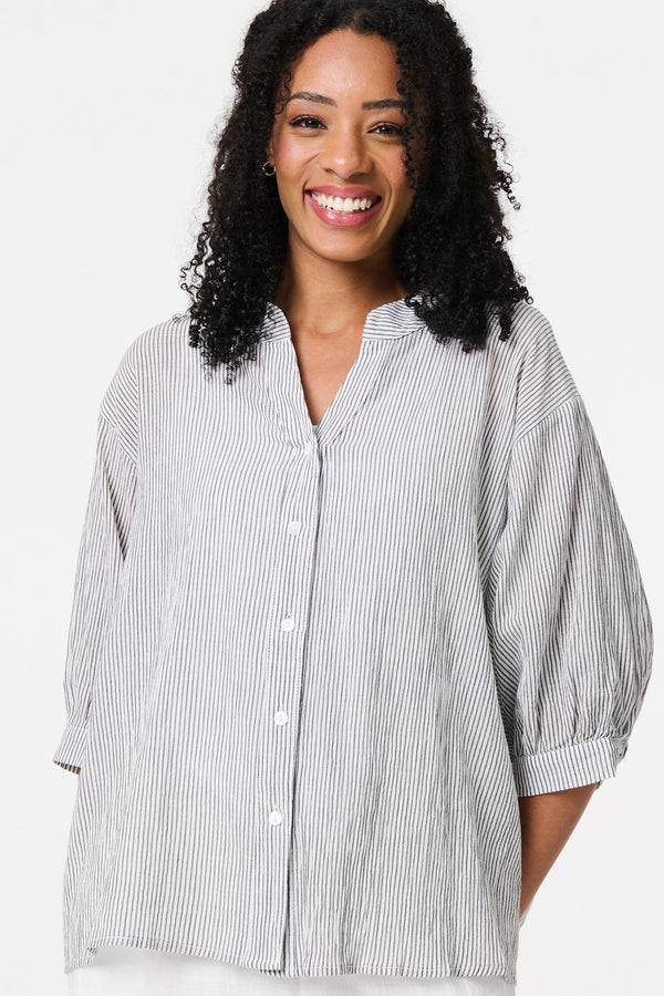 White | Pinstripe Relaxed Button Back Blouse