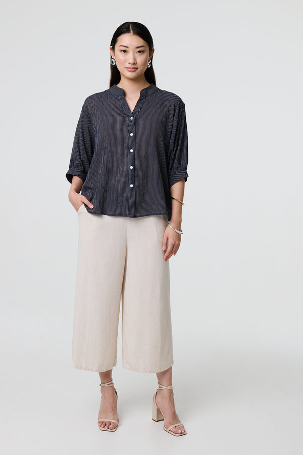 Navy | Pinstripe Relaxed Button Back Blouse : Model is 5'9"/175 cm and wears UK8/EU36/US4/AUS8