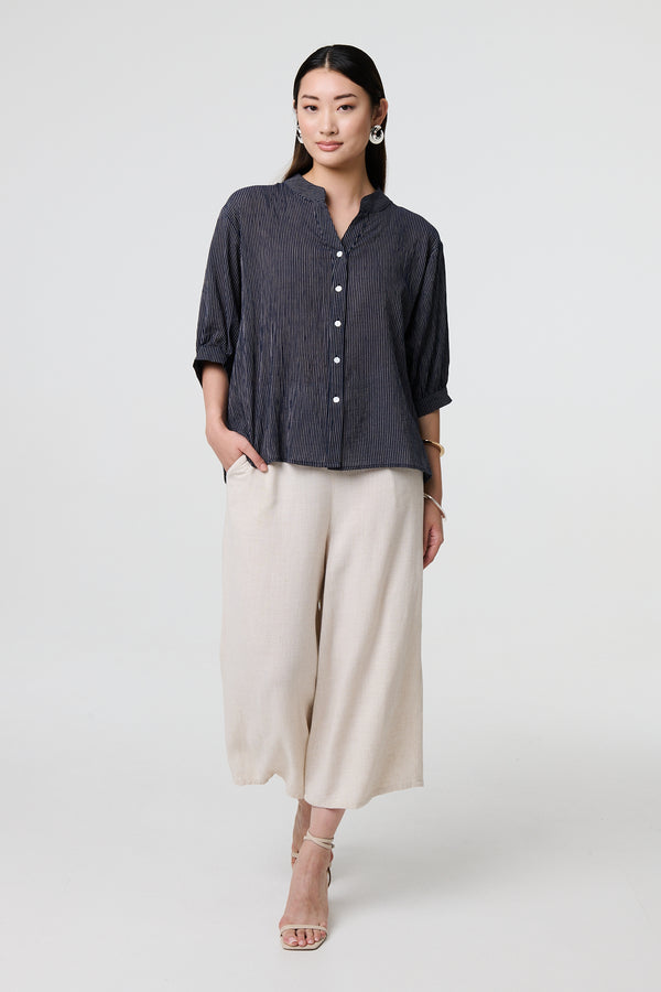 Navy | Pinstripe Relaxed Button Back Blouse