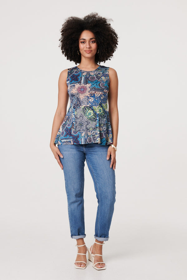 Blue | Paisley Sleeveless Round Neck Top
