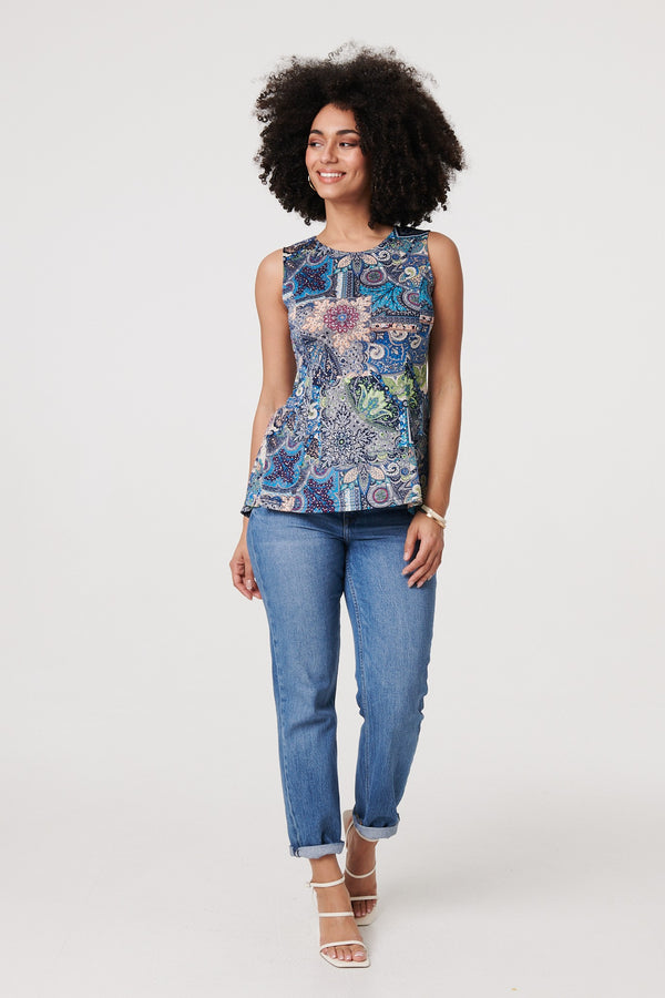Blue | Paisley Sleeveless Round Neck Top
