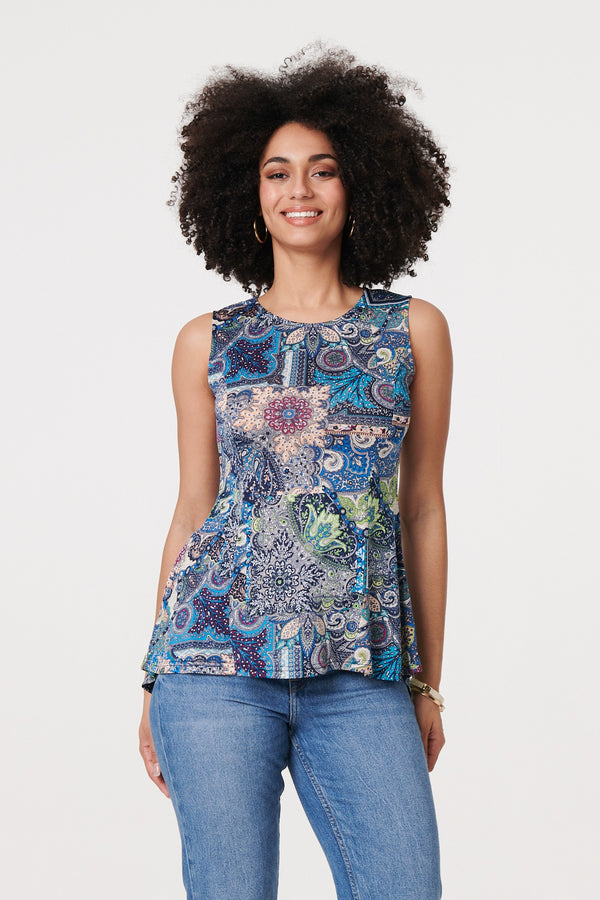 Blue | Paisley Sleeveless Round Neck Top
