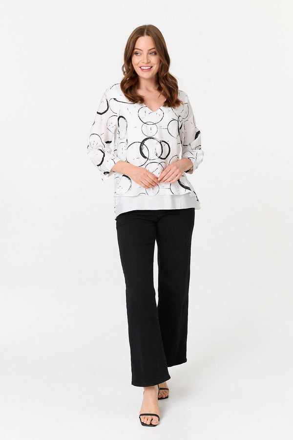 White | Printed 3/4 Sleeve Relaxed Layered Top