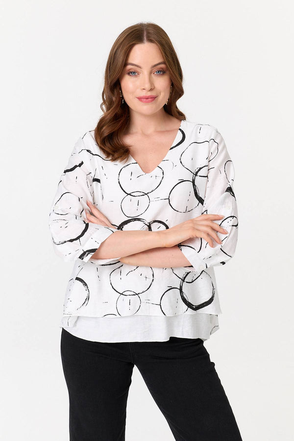 White | Printed 3/4 Sleeve Relaxed Layered Top