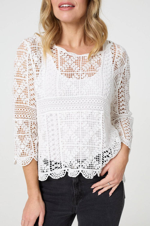 White | Lace Crochet Semi Sheer Layered Top
