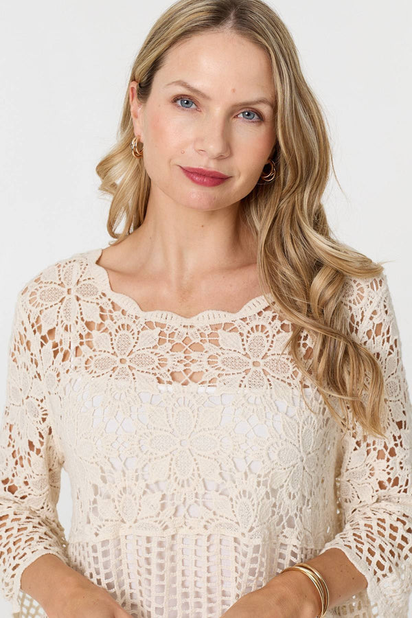 Cream | Semi Sheer Crochet 3/4 Sleeve Crop Top
