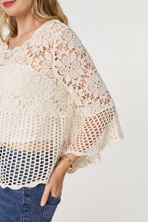 Cream | Semi Sheer Crochet 3/4 Sleeve Crop Top
