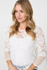 White | Semi Sheer Crochet 3/4 Sleeve Crop Top
