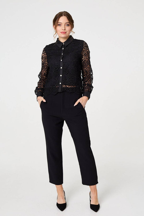 Black | Lace Layer Sheer Sleeve Cropped Shirt
