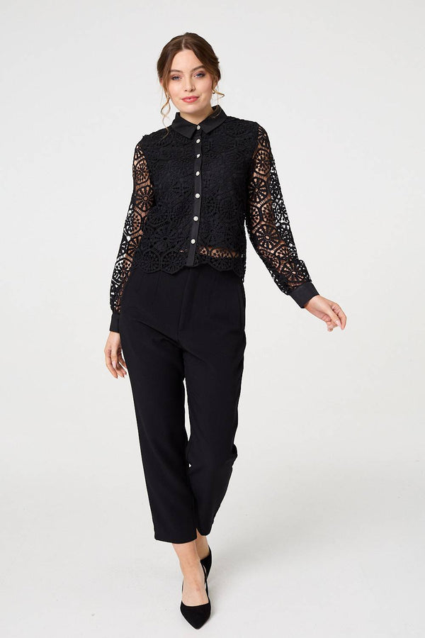 Black | Lace Layer Sheer Sleeve Cropped Shirt
