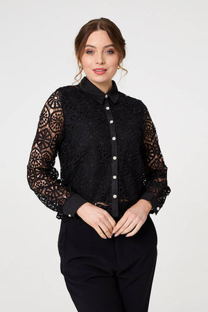 Black | Lace Layer Sheer Sleeve Cropped Shirt
