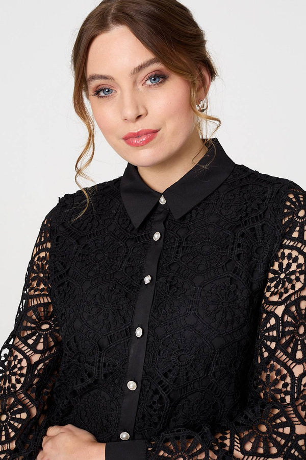 Black | Lace Layer Sheer Sleeve Cropped Shirt
