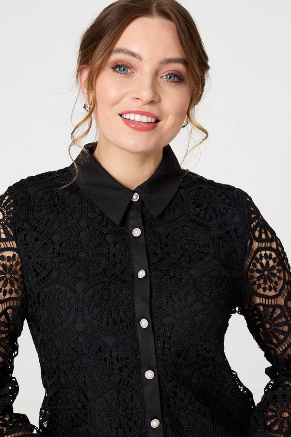 Black | Lace Layer Sheer Sleeve Cropped Shirt
