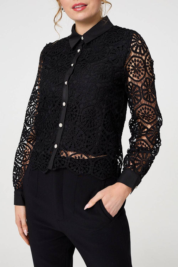 Black | Lace Layer Sheer Sleeve Cropped Shirt
