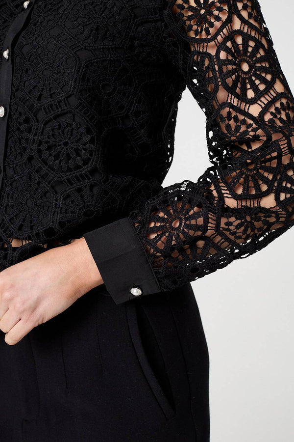 Black | Lace Layer Sheer Sleeve Cropped Shirt

