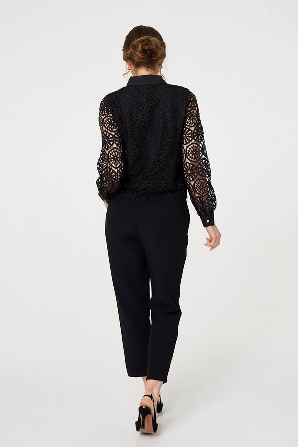 Black | Lace Layer Sheer Sleeve Cropped Shirt
