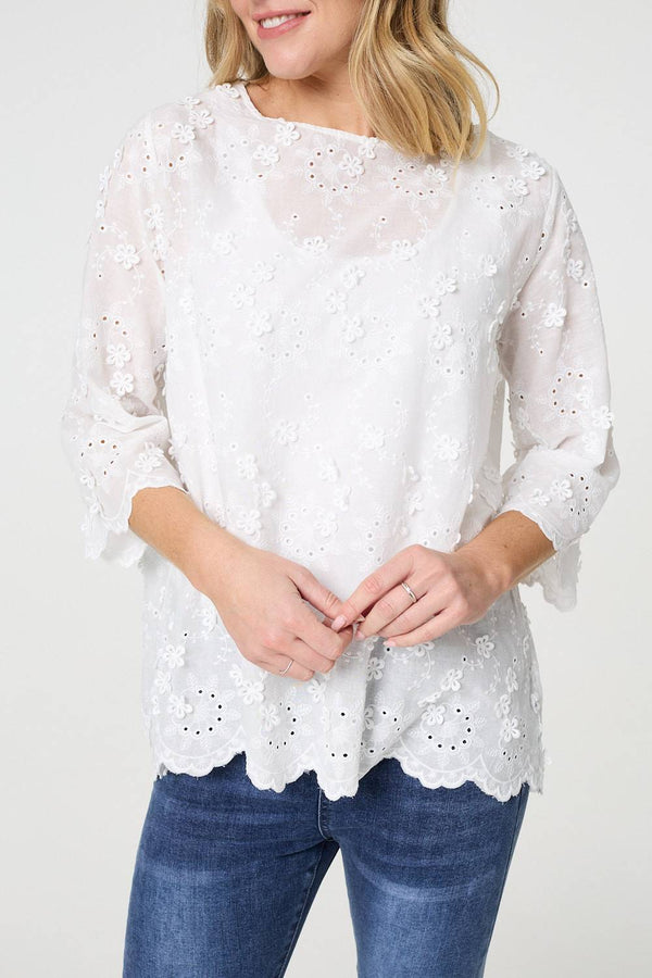 White | Embroidered Texture 3/4 Sleeve Blouse

