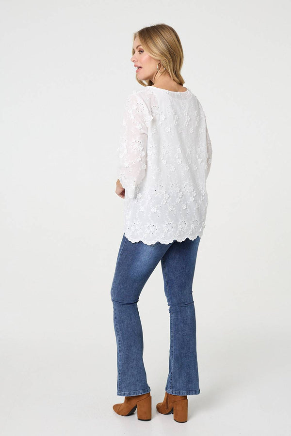 White | Embroidered Texture 3/4 Sleeve Blouse
