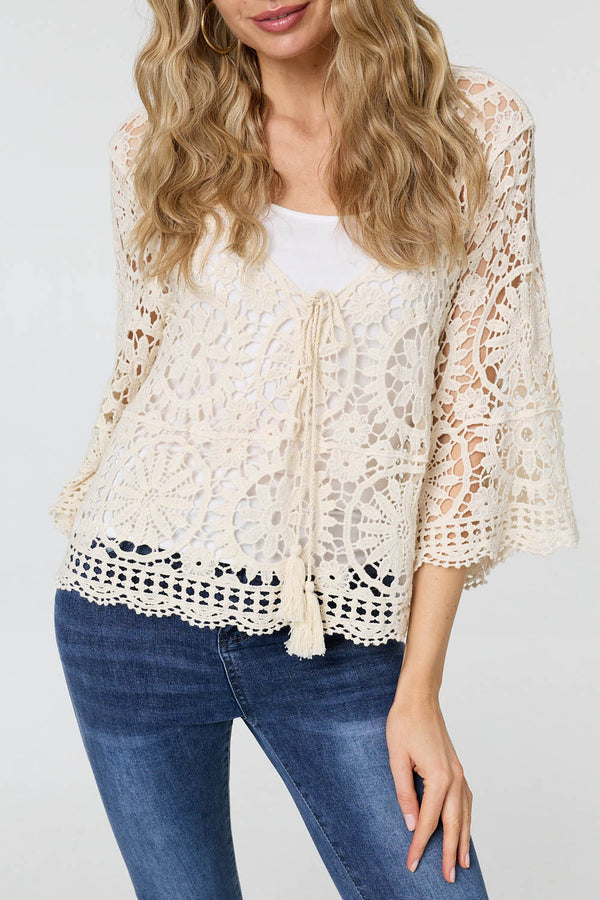 Cream | Semi Sheer Crochet Relaxed Top