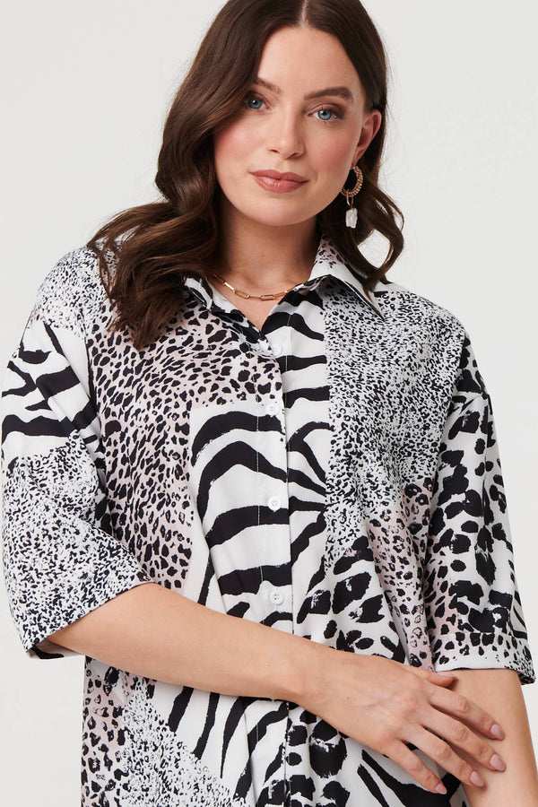 Black | Animal Print 1/2 Sleeve Longline Shirt
