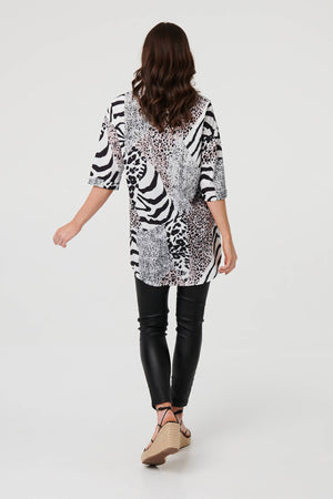 Black | Animal Print 1/2 Sleeve Longline Shirt