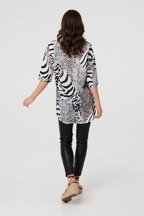 Black | Animal Print 1/2 Sleeve Longline Shirt