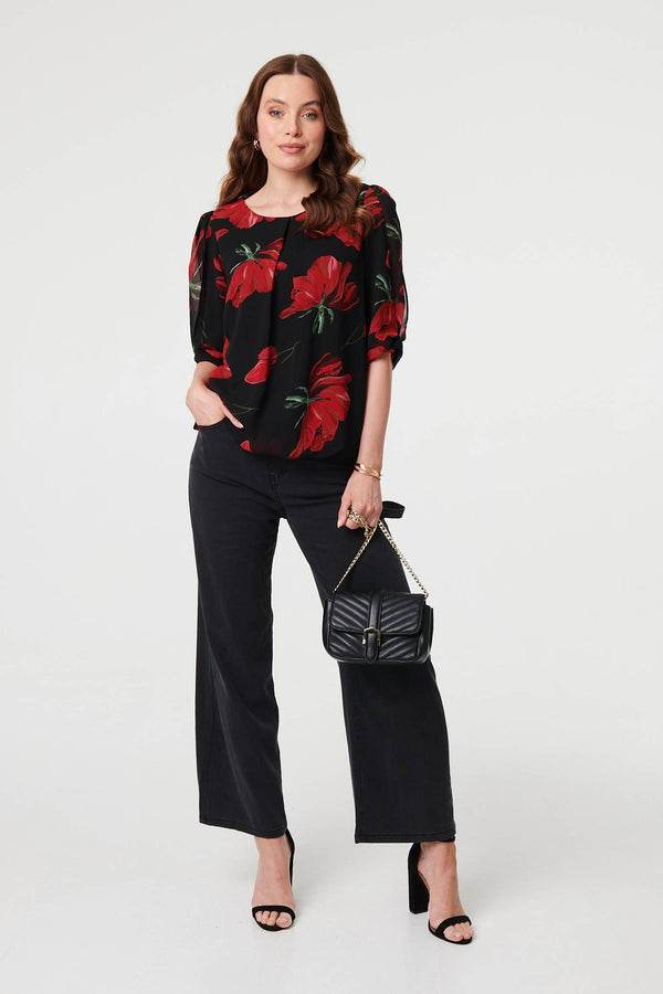 Red | Floral Semi Sheer Puff Sleeve Blouse
