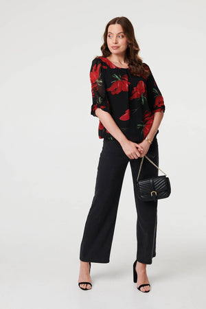 Red | Floral Semi Sheer Puff Sleeve Blouse
