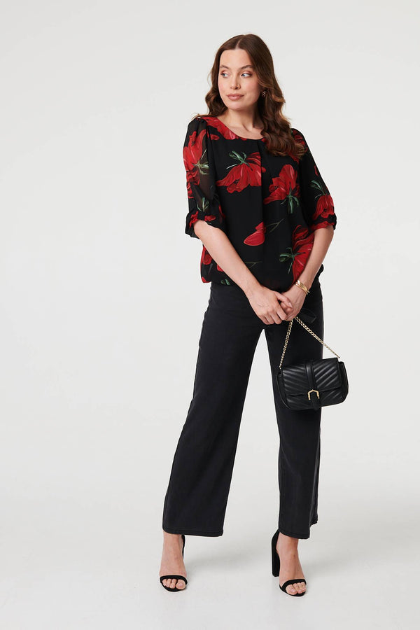 Red | Floral Semi Sheer Puff Sleeve Blouse
