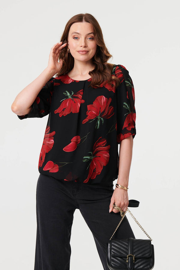 Red | Floral Semi Sheer Puff Sleeve Blouse : Model is 5'9"/175 cm and wears UK8/EU36/US4/AUS8
