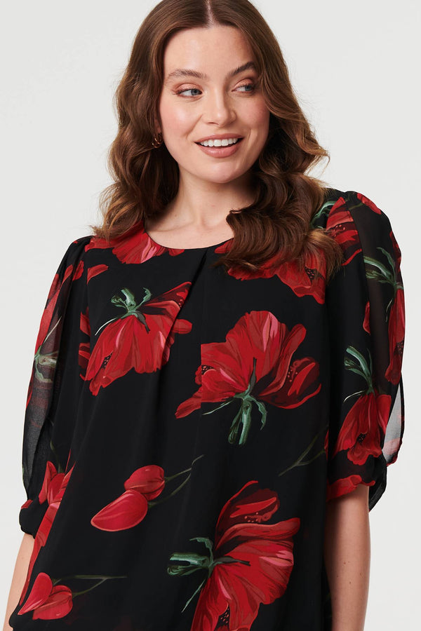 Red | Floral Semi Sheer Puff Sleeve Blouse
