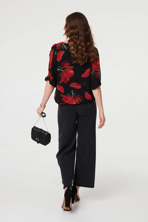 Red | Floral Semi Sheer Puff Sleeve Blouse
